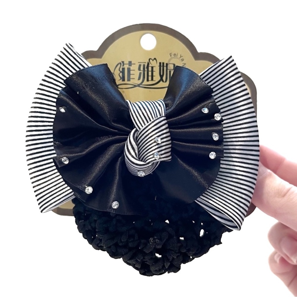Black White Rhinestone Hair Net Bun Cover Bow Clip Ballet Dance Barrette Stripes